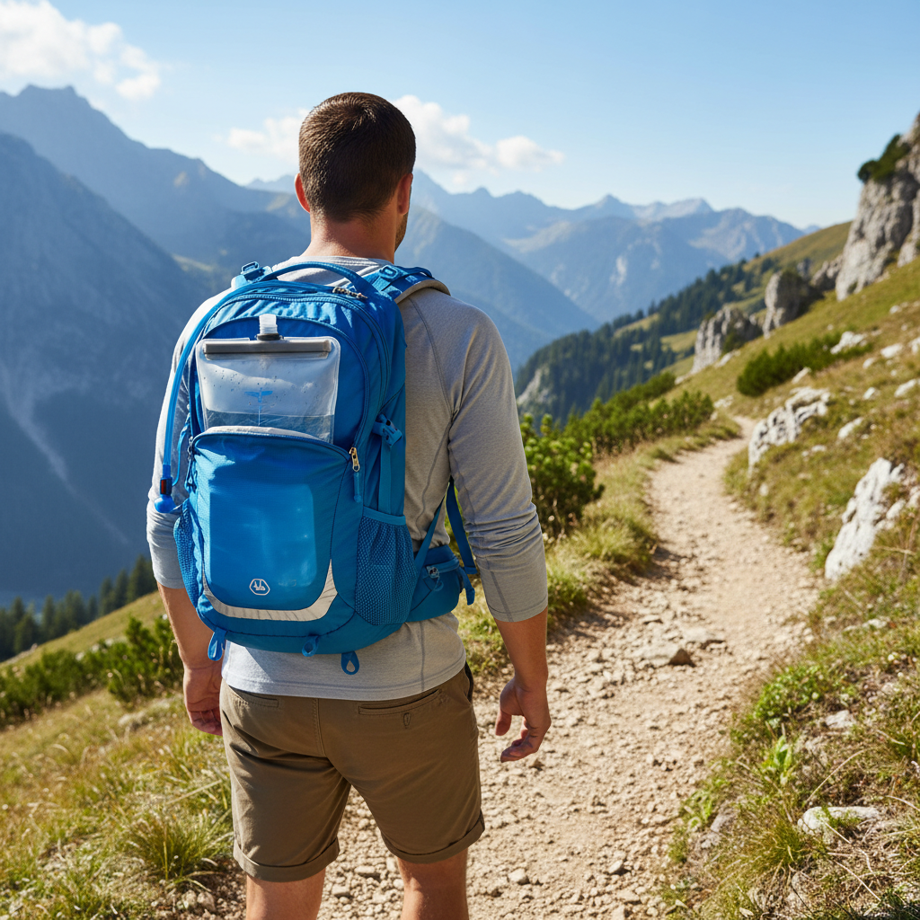 Hydration backpack with 2L water bladder worn by a hiker on a mountain trail