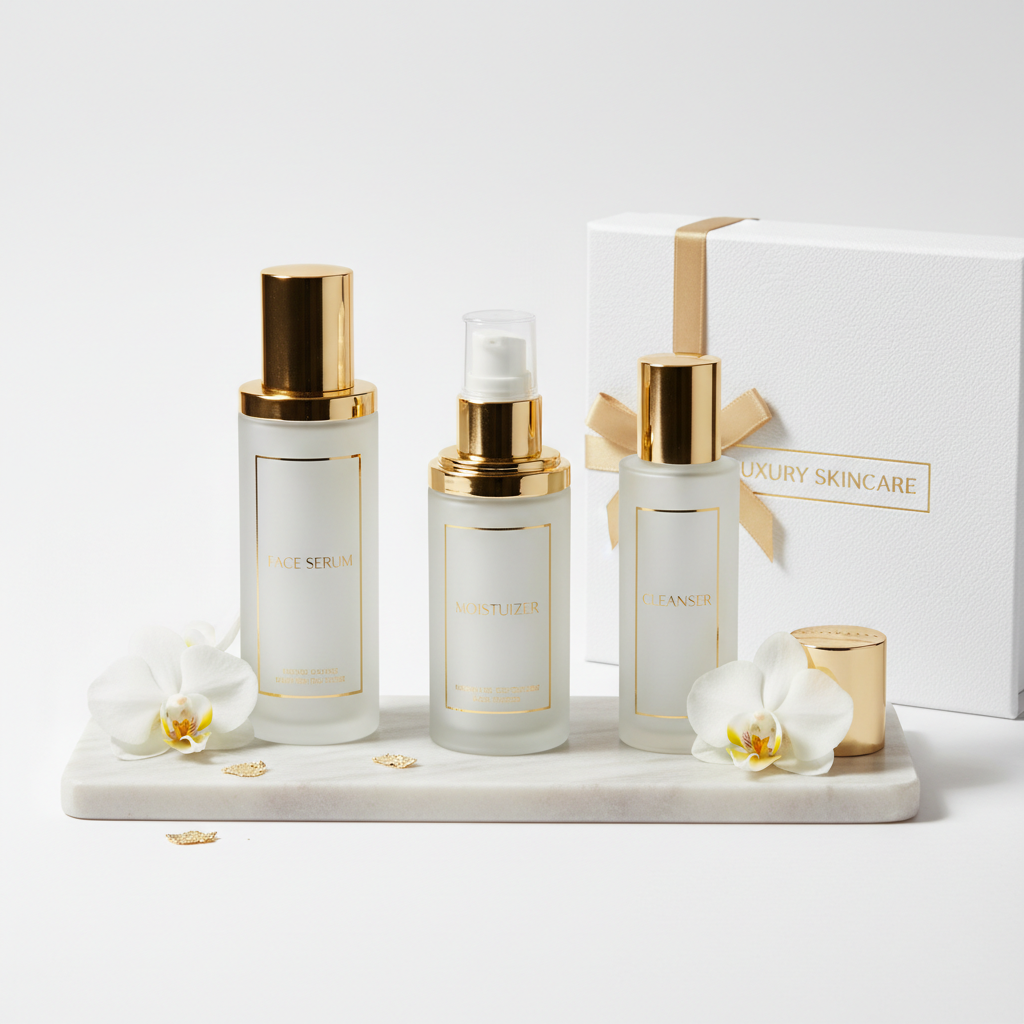 Luxury skincare set with serum, moisturizer and cleanser