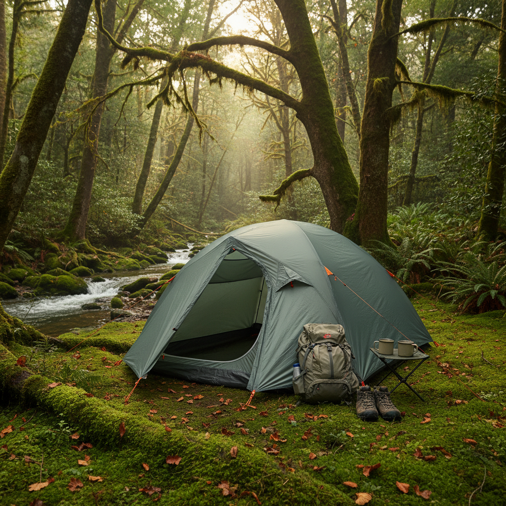2-person waterproof camping tent set up in a forest