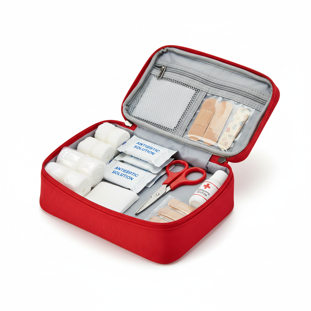 Open compact first aid kit showing organised contents on white background
