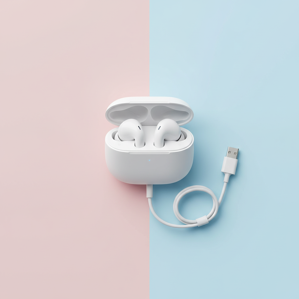 Wireless earbuds and charging case flat lay