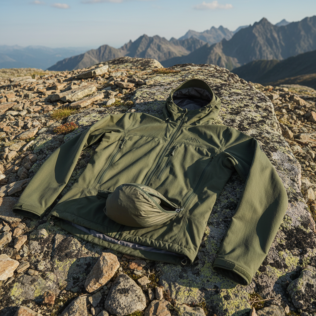 Windproof waterproof hiking jacket on a rocky mountain surface
